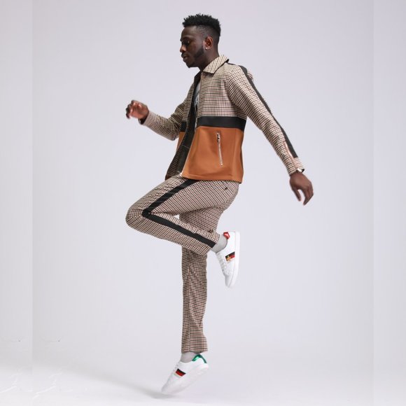 Closeout! Mens Houndstooth Tracksuit 2pc, Brown - Picture 7 of 7